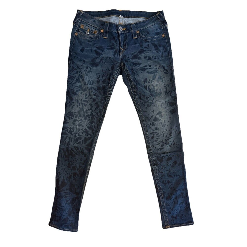 True Religion Flap Pocket Skinny Jeans Blue Floral Stencil Design Low Rise SZ 28